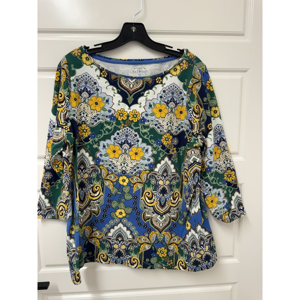 Talbots Tee Floral Top 1X Plus Multicolor Paisley Cotton Spandex 3/4 Sleeve